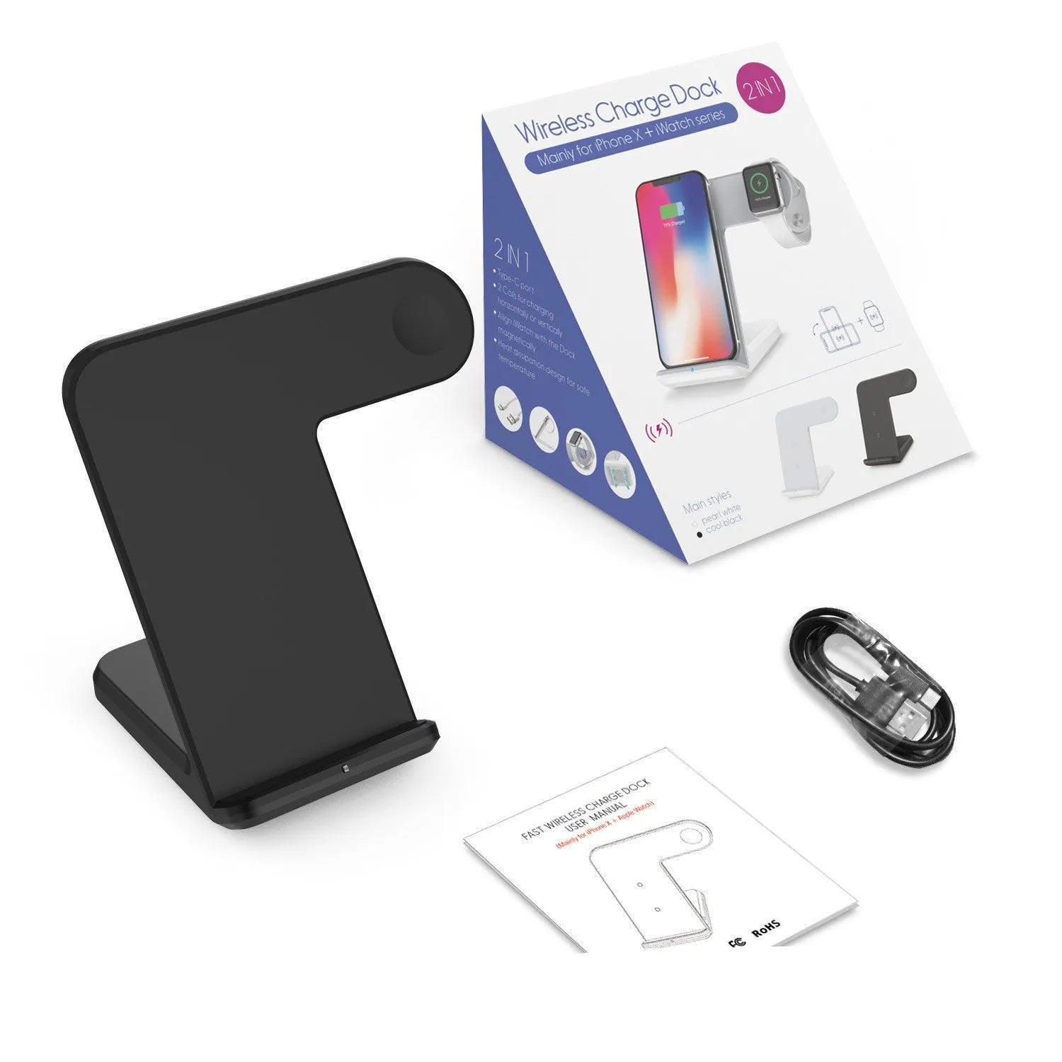 Black and white Qi wireless charging pad for mobile phones with Type-C cable.