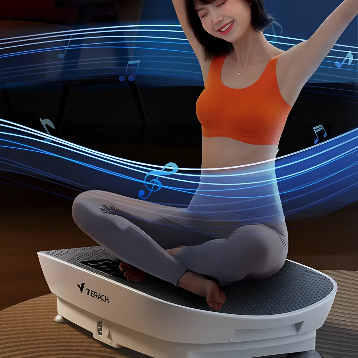 Grey smart power plate with Bluetooth connectivity and 300kg load capacity on wooden floor