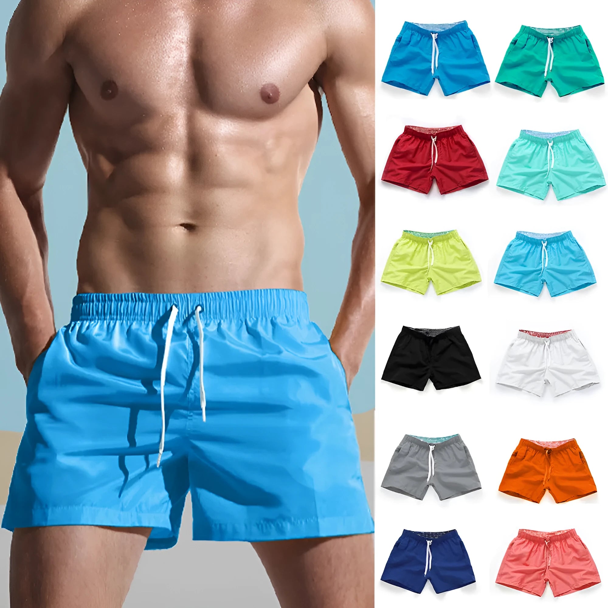 Men's straight-leg beach shorts in emerald green colour on a beach background.