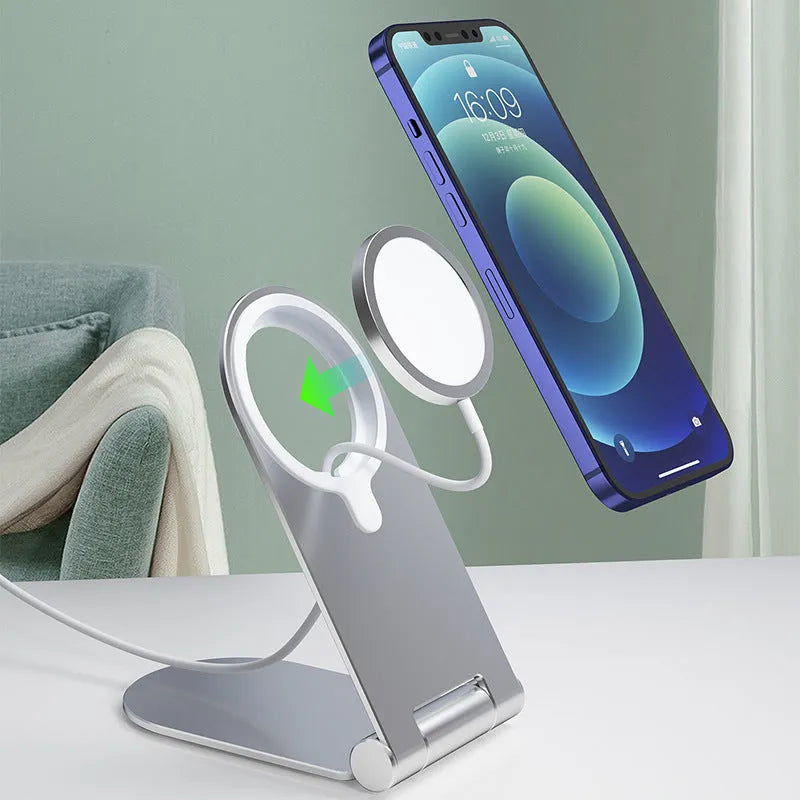 Silver vertical adjustable magnetic car phone mount bracket for iPhone 12 on a dashboard