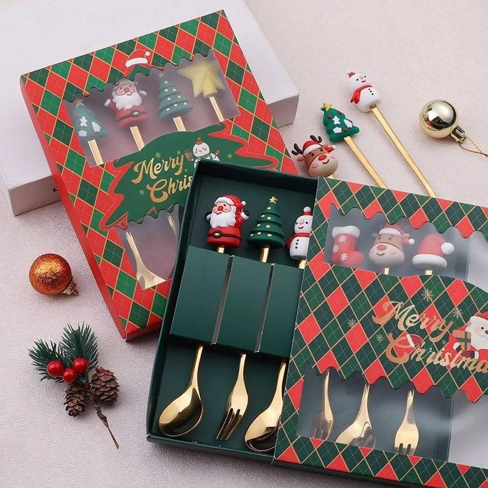 Red stainless steel Christmas spoon and fork set with Christmas tree and snowman handle patterns and mirror polished finish.