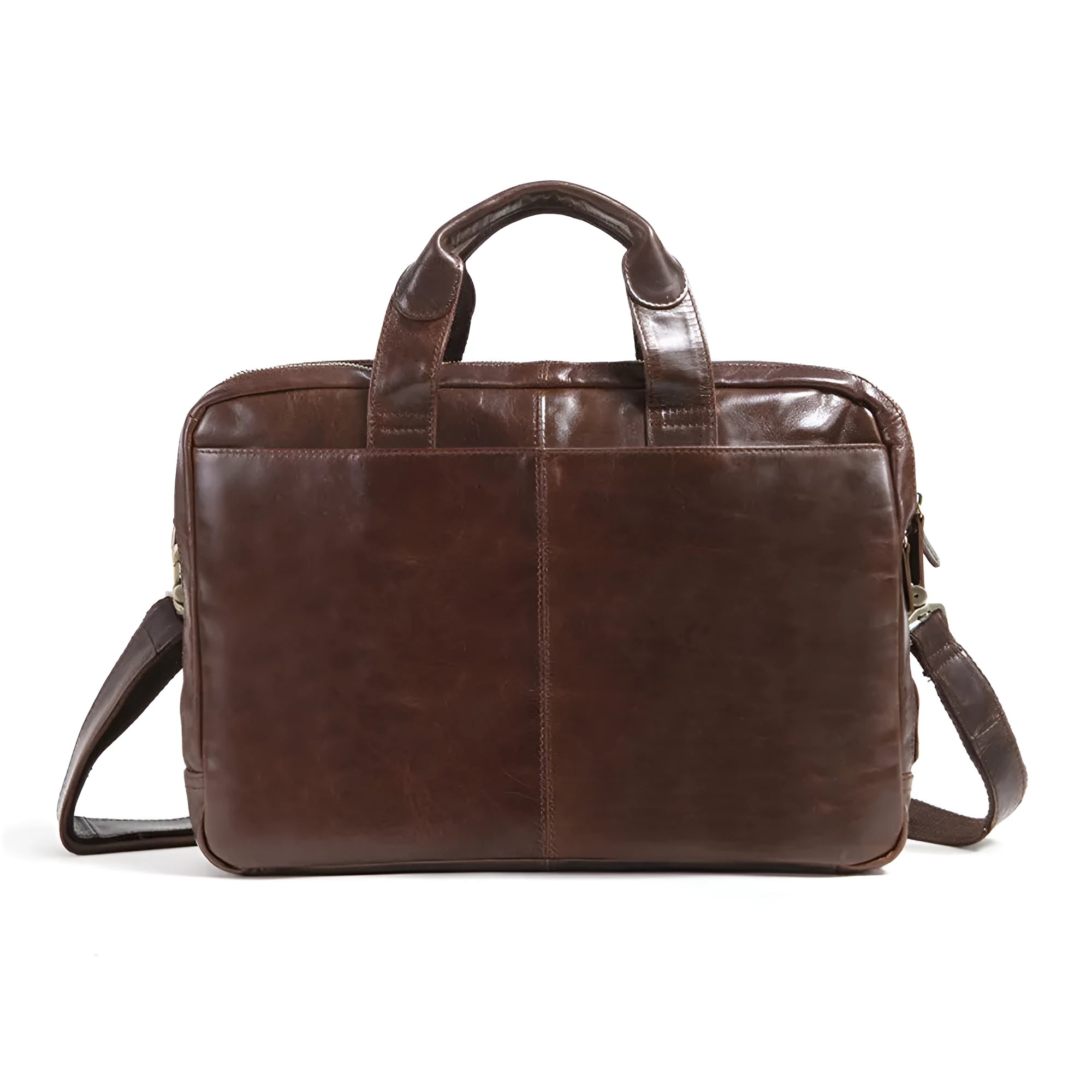Brown men's 18-inch business briefcase in first layer cowhide leather with polyester lining