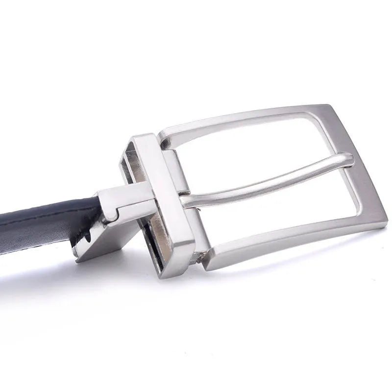 Men's dark brown and black genuine leather belt with a silver rotating pin buckle clasp on a plain background.