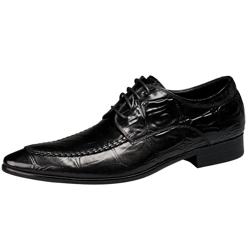 Men's black alligator pattern leather shoes with horse bit buckle and rubber sole
