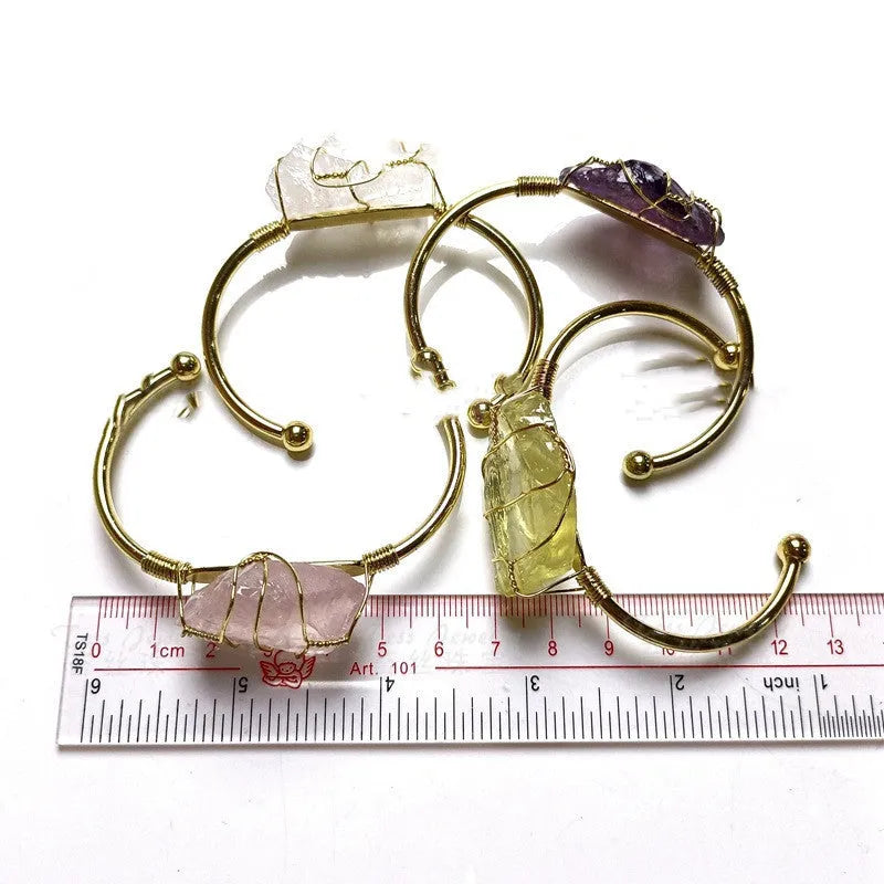 Natural crystal rough stone bracelet with gold winding geometric design in mixed colours