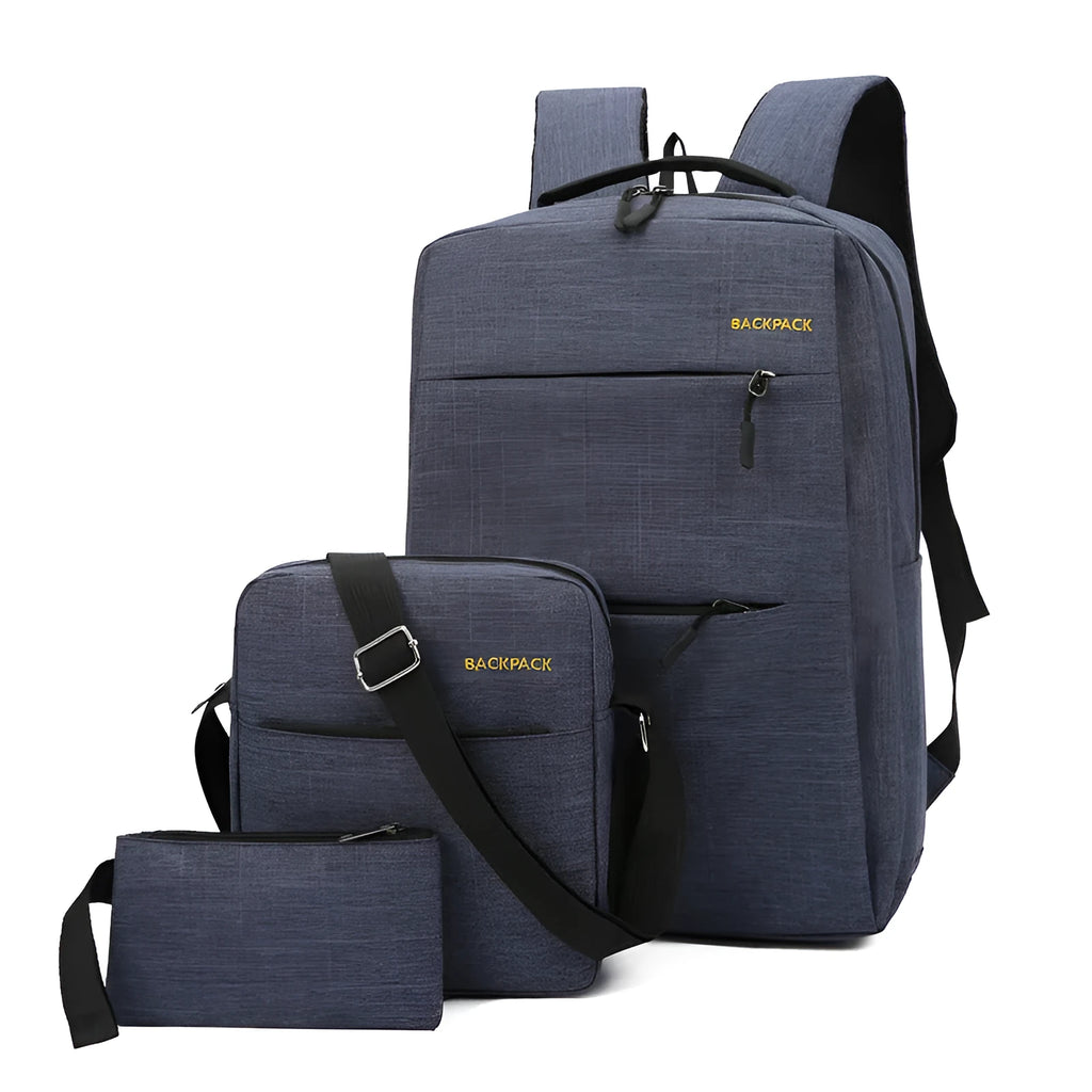 Men's wine red, black, grey, and navy blue nylon computer bag three-piece set with USB charging port