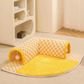 Fan-shaped plush dog cat bed with tunnel and sleeping area in coffee colour