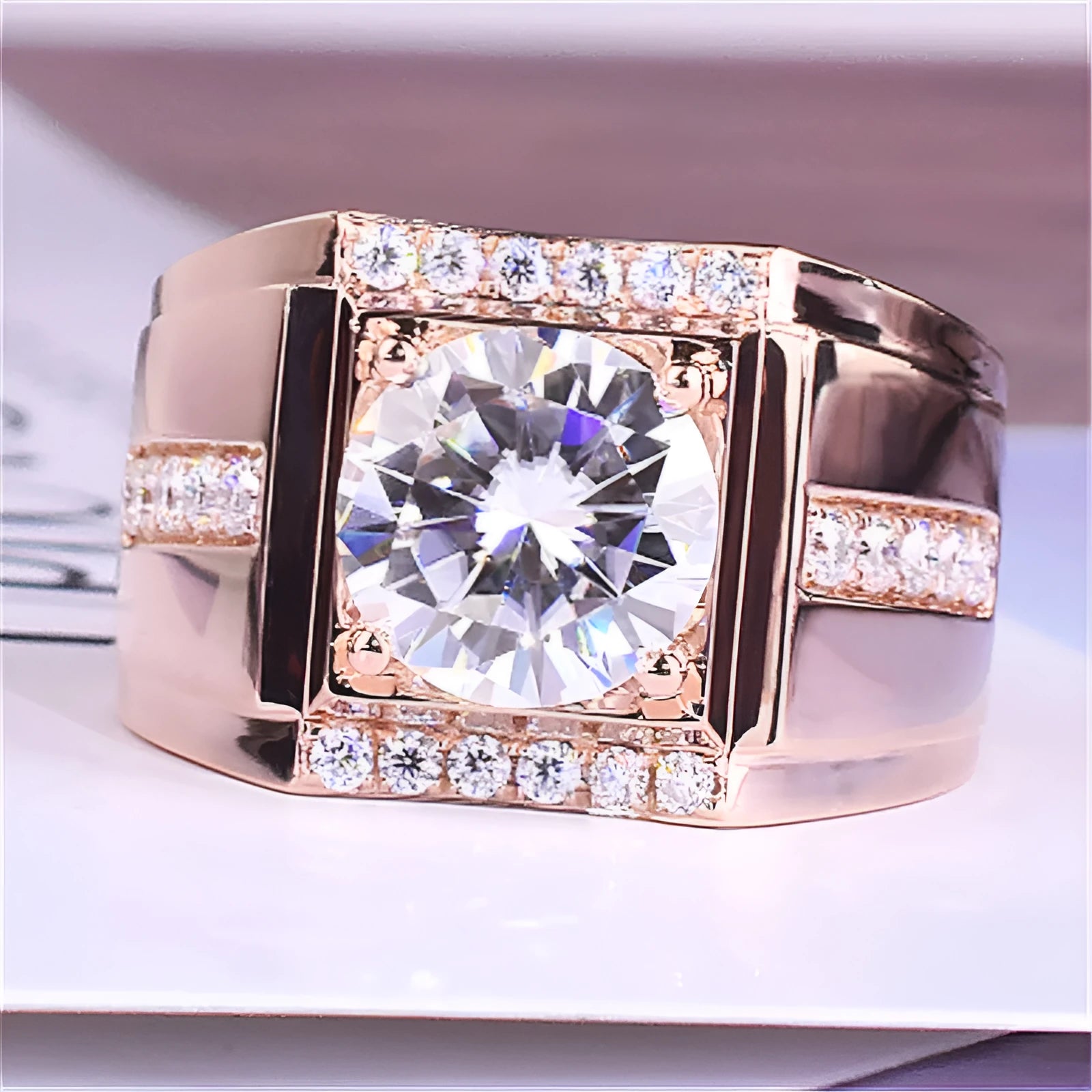 Men's adjustable imitation moissanite ring in metallic electroplated finish with geometric diamond pattern