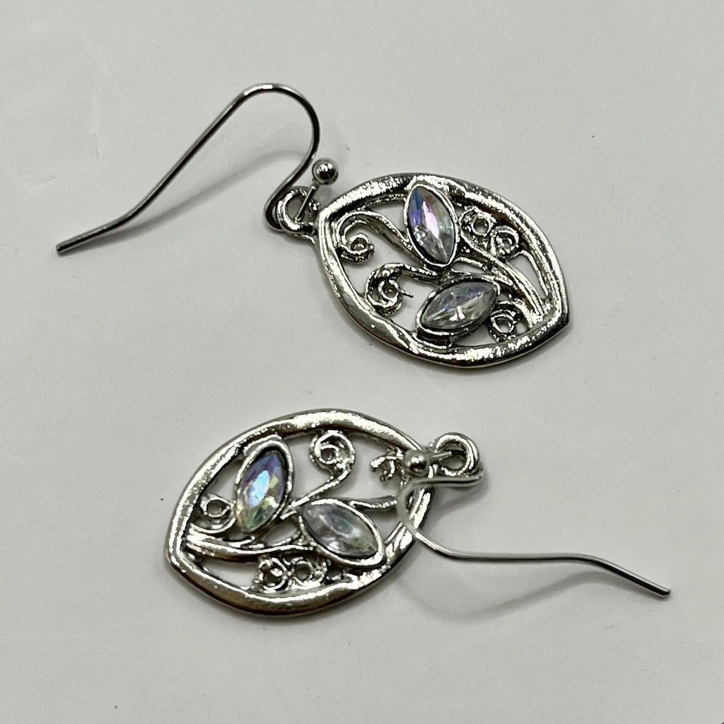 Silver leaf-shaped women's earrings with embedded colourful moonstones on alloy backing