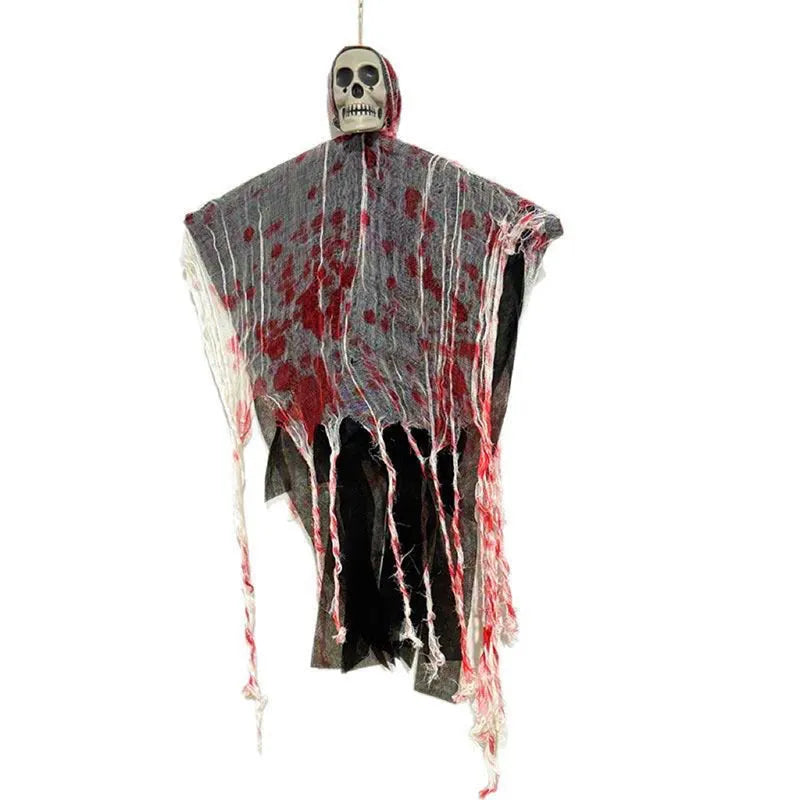 Plastic Halloween decoration showing luminous hanging ghost with blood-dyed skull design