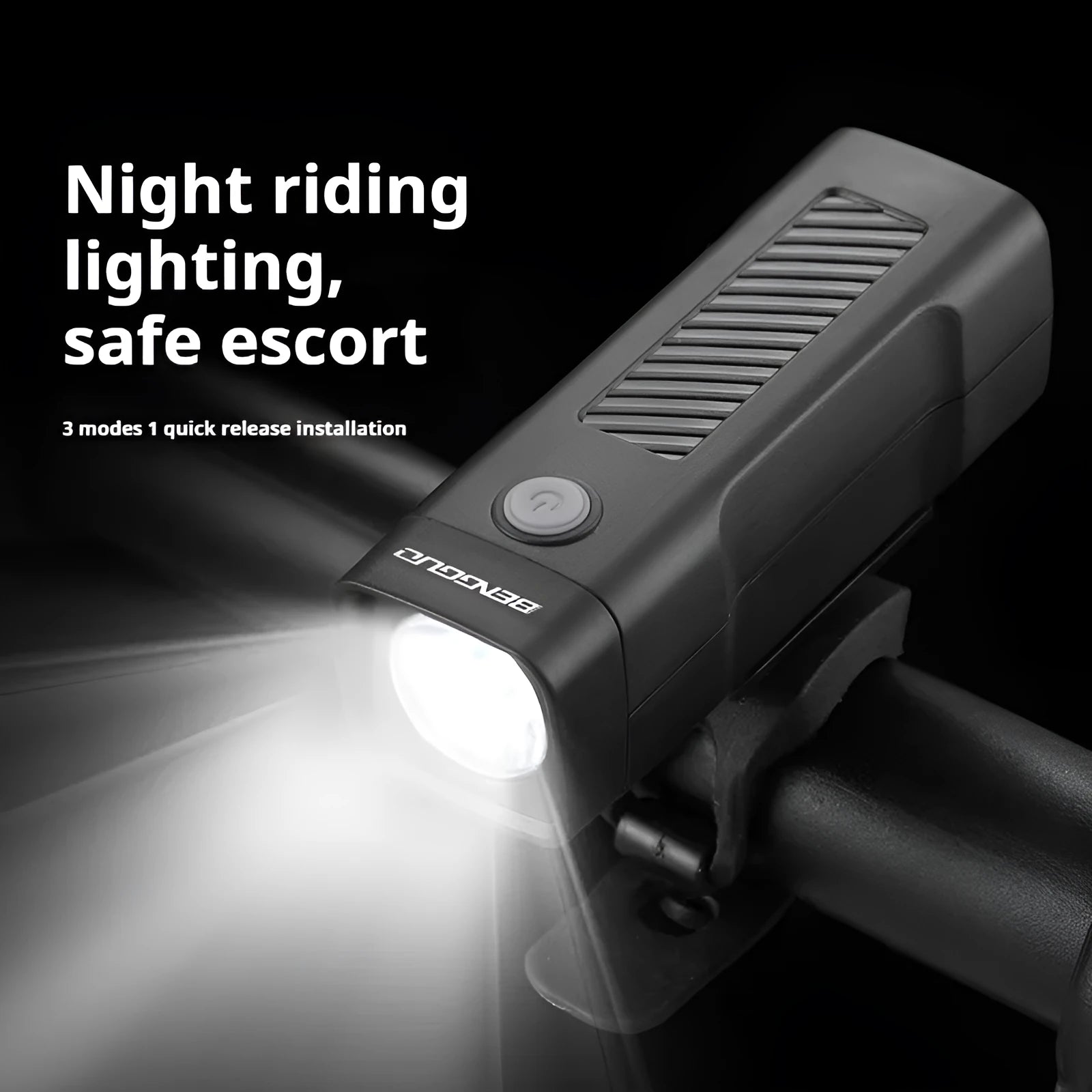 USB rechargeable bicycle headlight with quick-release strap bracket on handlebars.