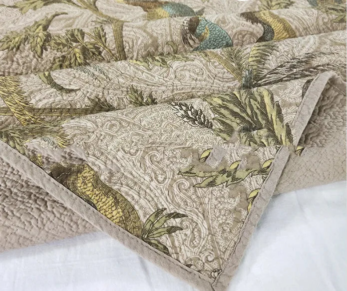 Blue American flower and bird pattern cotton bedspread set with three pieces