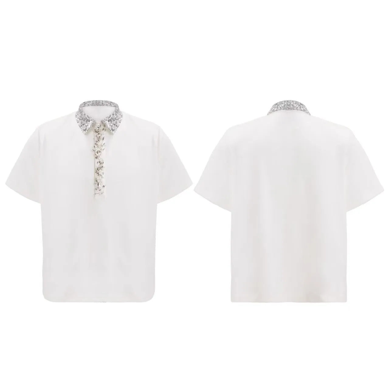 Man wearing a loose fit black polo shirt with a square collar and heavy embroidery sequin detailing on the front