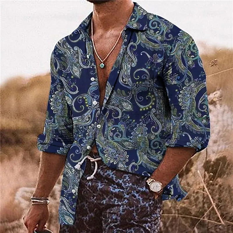 Man wearing a loose fit long sleeve shirt with a colourful 3D digital printed floral bohemian pattern.