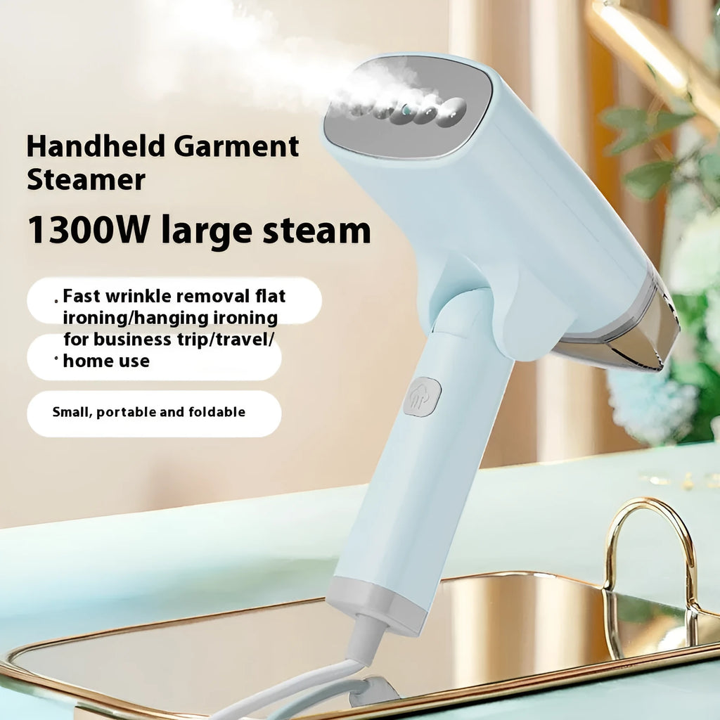 Blue and white handheld garment steamer with compact design and water tank.