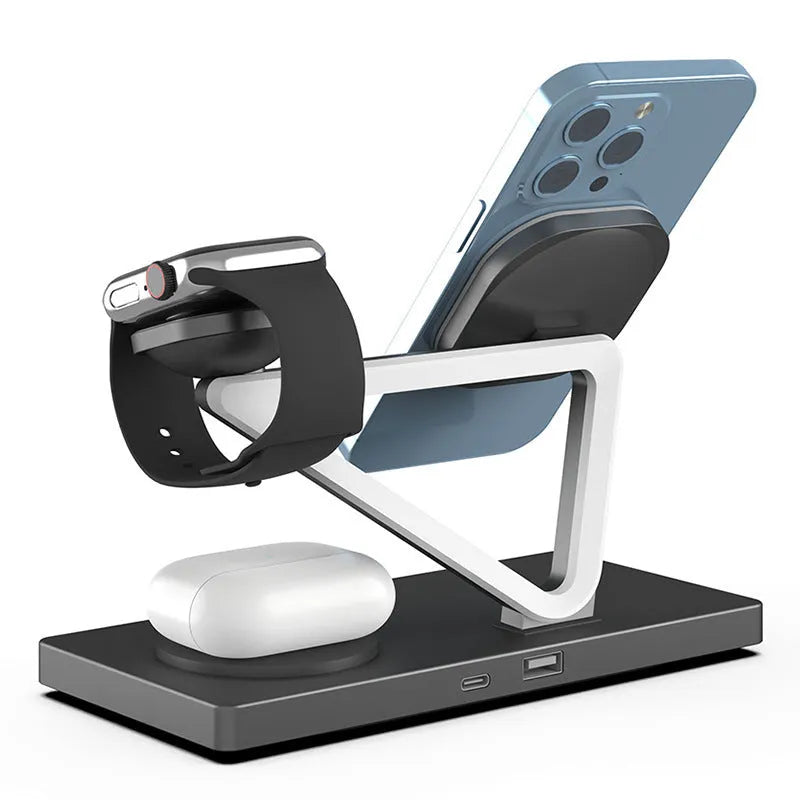 White five-in-one wireless charging night lamp showing magnetic phone bracket, circular charging base, watch pad, and background illumination