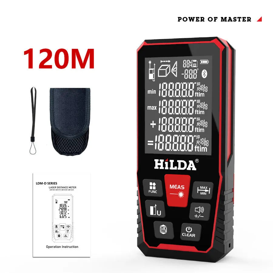 A handheld plastic laser rangefinder for measuring distances up to 120 metres in construction.