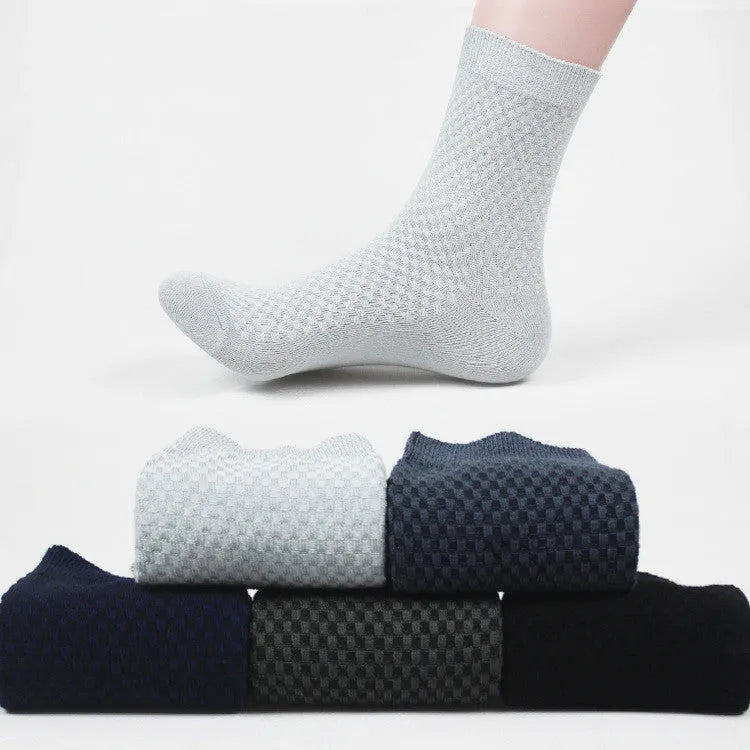 Men's bamboo fiber business socks in navy blue and grey with medium thickness knit and small square style pattern
