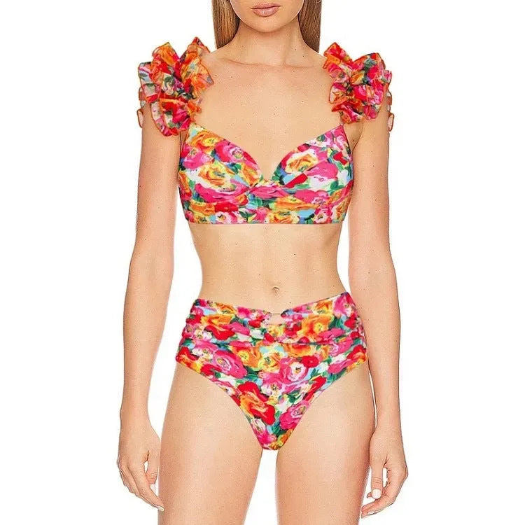 Women's floral print push up bikini with high waist briefs and matching skirt