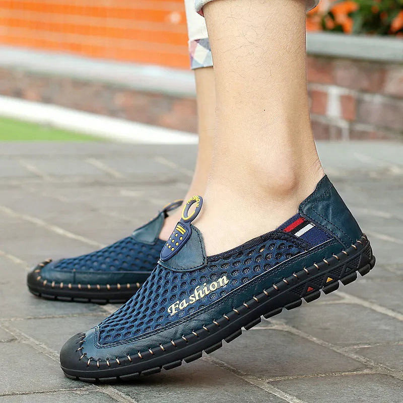 Men's brown breathable mesh casual shoes with rubber sole and stitching details