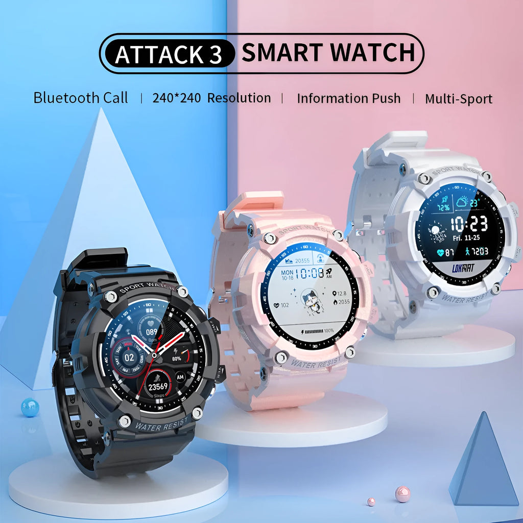 ATTACK 3 black smart sports watch with round screen on a wrist showing heart rate data