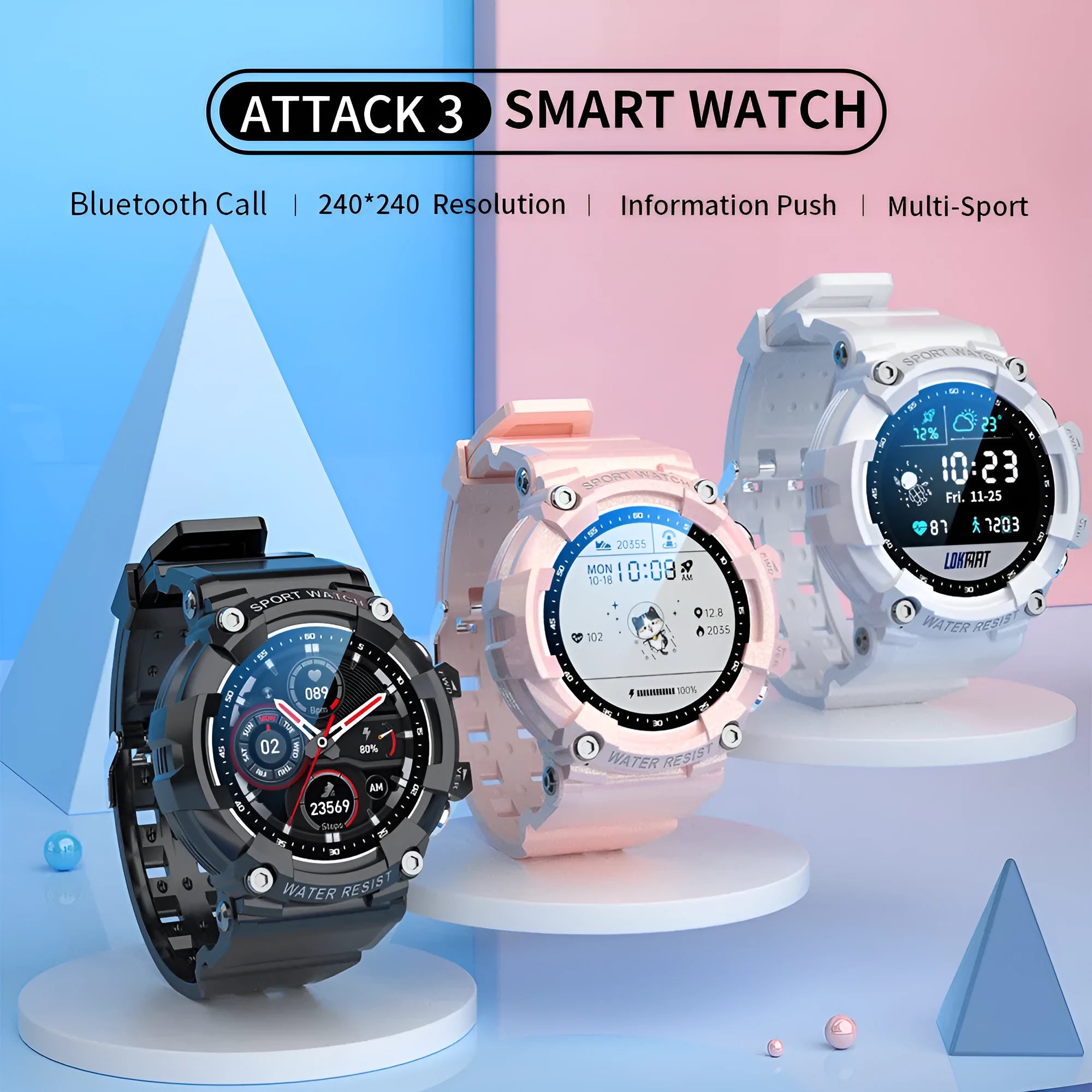 ATTACK 3 black smart sports watch with round screen on a wrist showing heart rate data