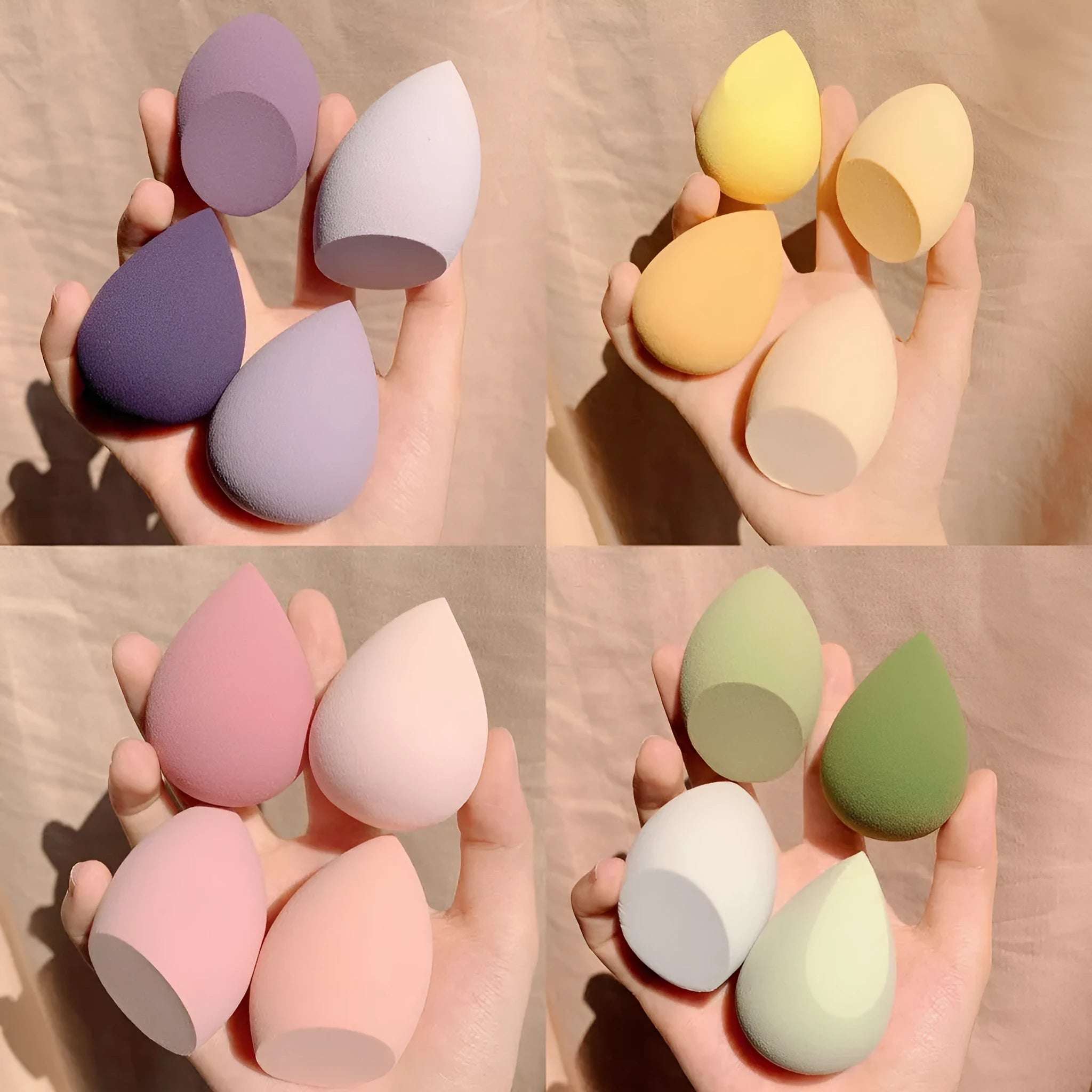 Makeup egg box open showing four cube-shaped synthetic sponge beauty eggs in grape, mango, mint, and peach peach colours