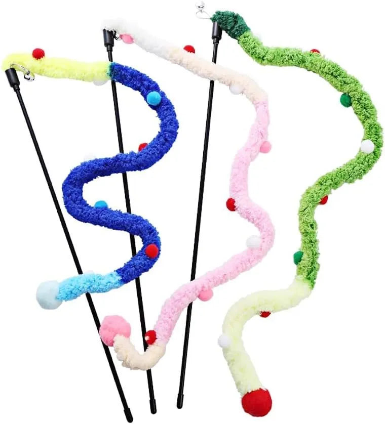 Cat wand toy with colourful fluffy ball and bell on 60cm plush strip attached to 41cm pole