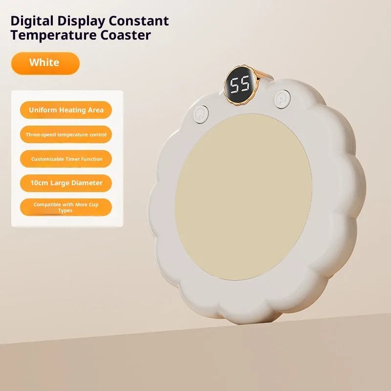 Plug-in thermal cup pad in white or pink with 20W rated power, three gears, and push-button control on a desk.