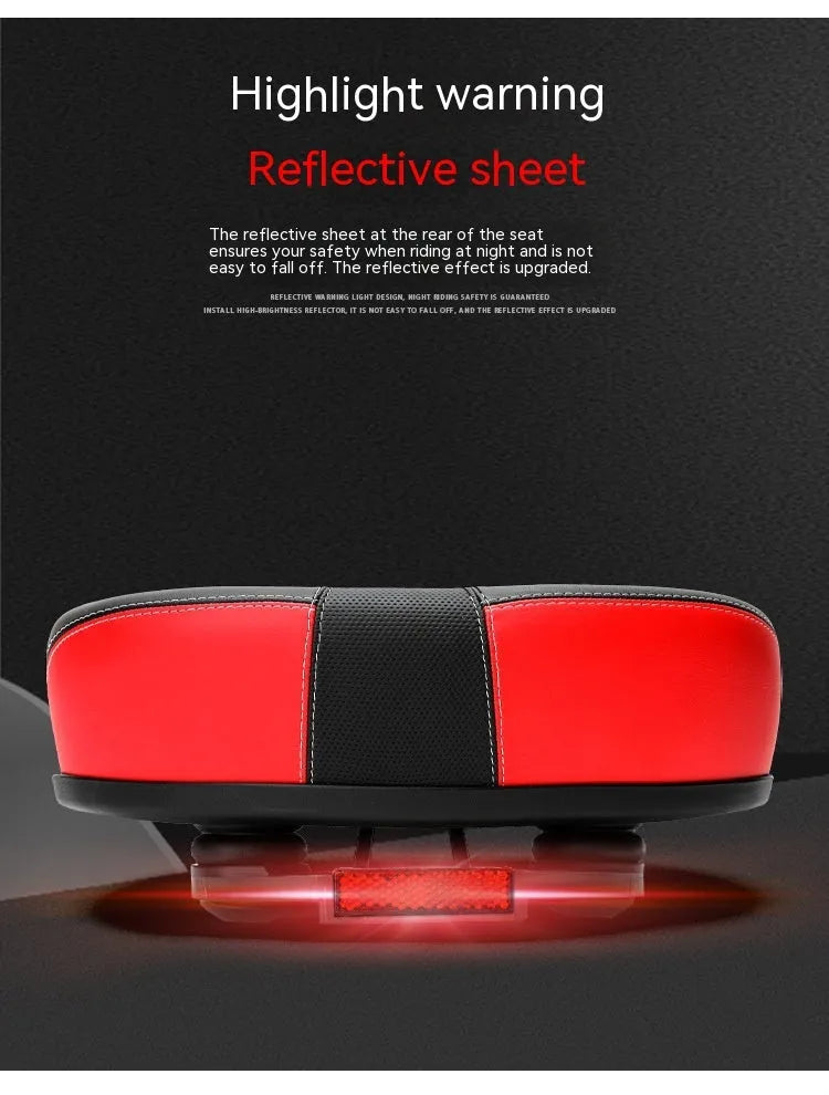 Large red bicycle saddle with reflective stickers and shock absorber for plus-size riders