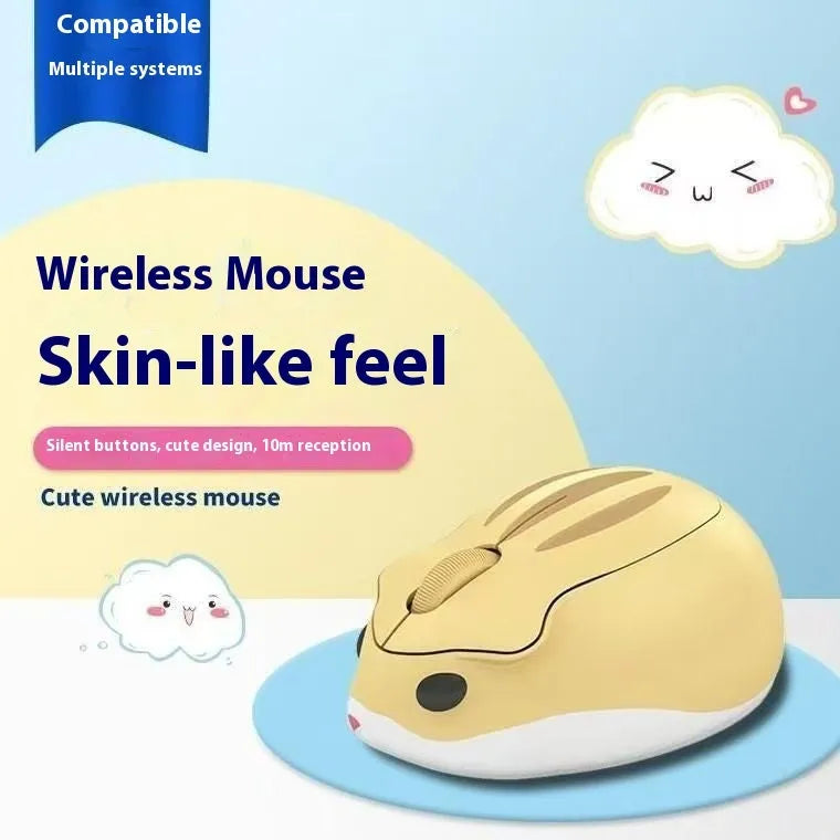 Hamster wireless mute mouse in grey, pink, and yellow colours showing compact Bluetooth design