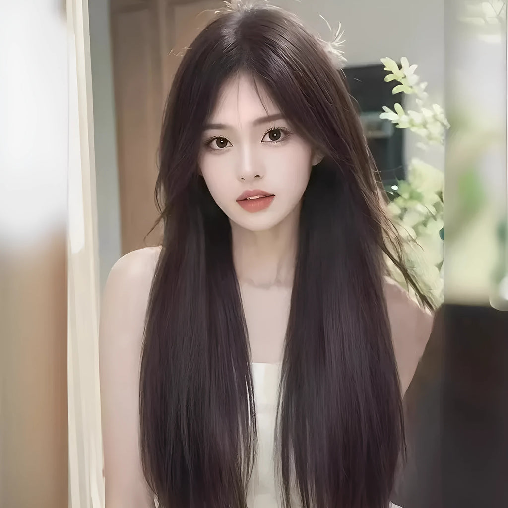 Forehead lace long straight synthetic wig in dark brown and cold brown shades with side bangs.
