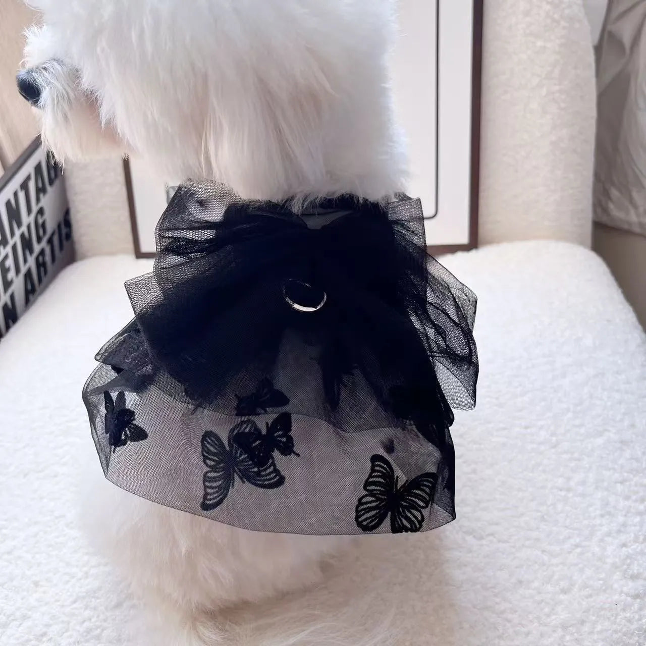 Black polyester tulle princess skirt for small dogs or cats shown on size chart