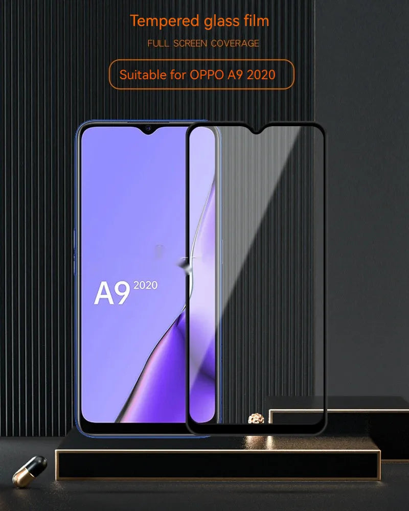 OPPO A9 2020 full screen tempered glass protector with anti-fingerprint coating and full glue application