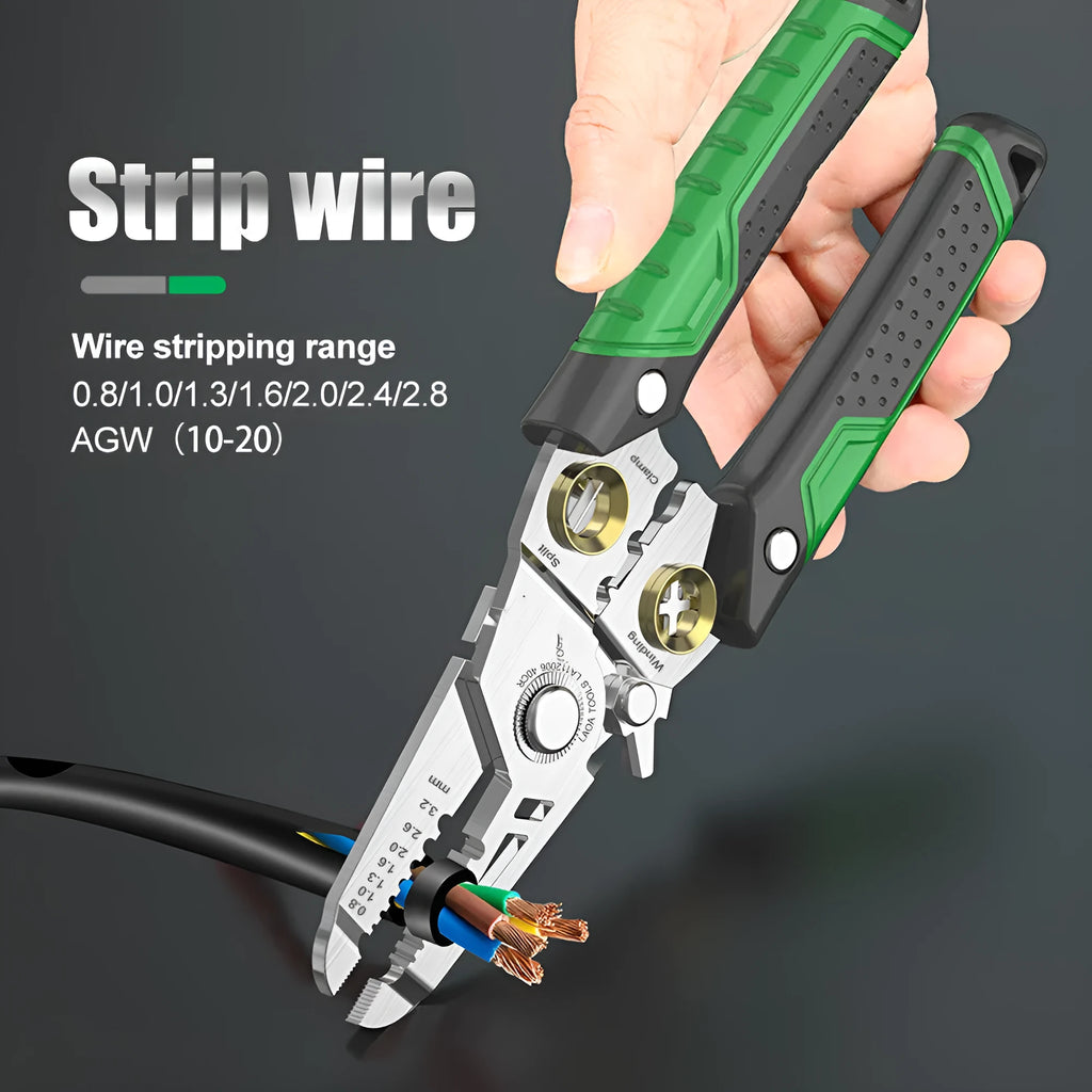 Stainless steel multifunction wire stripper and crimping pliers with two-colour handle showing seven stripping ports.