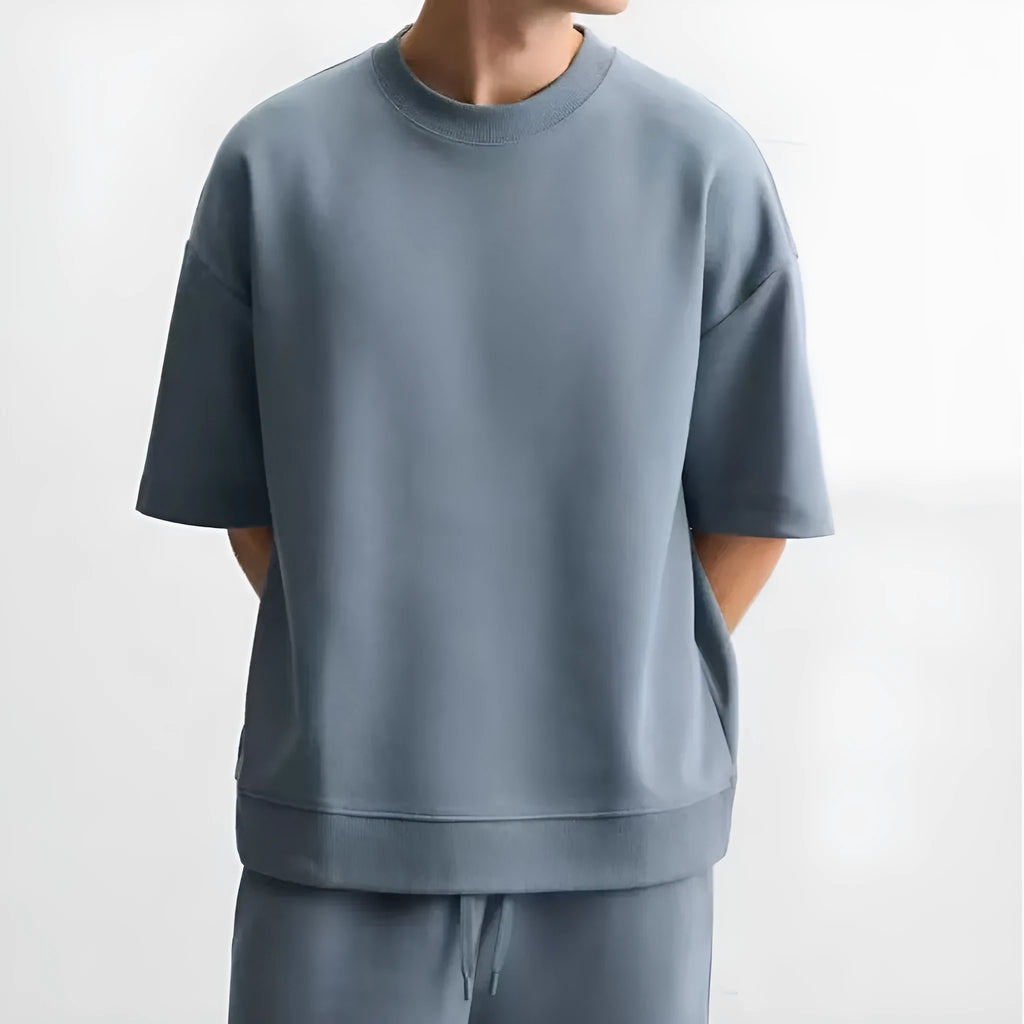 Loose double-sided texture short sleeve t-shirt and matching shorts set in blue.