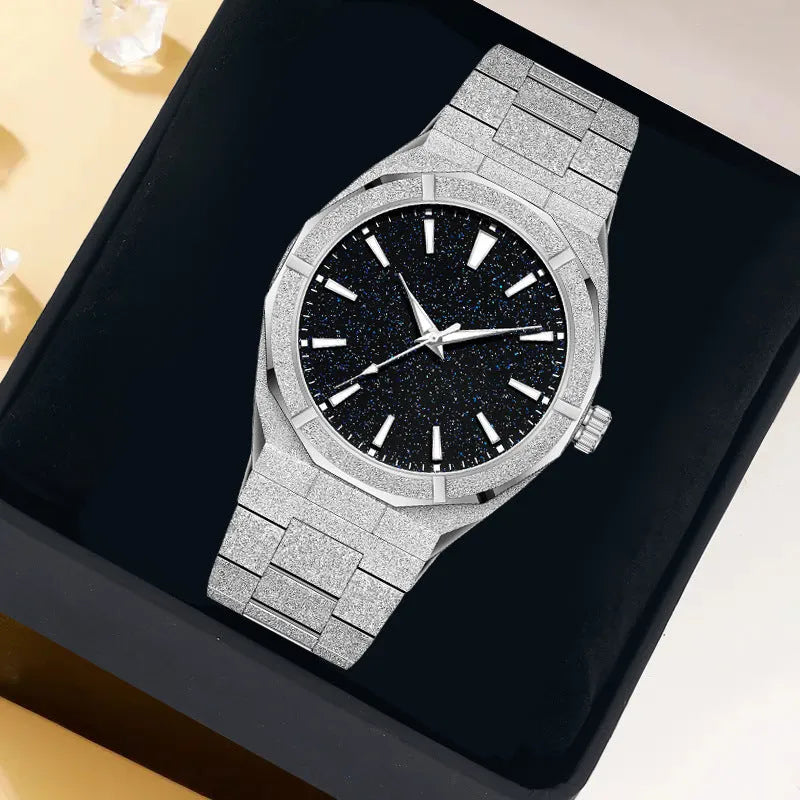 Men's frosted stainless steel business watch with luminous markers on dial in silver colour.