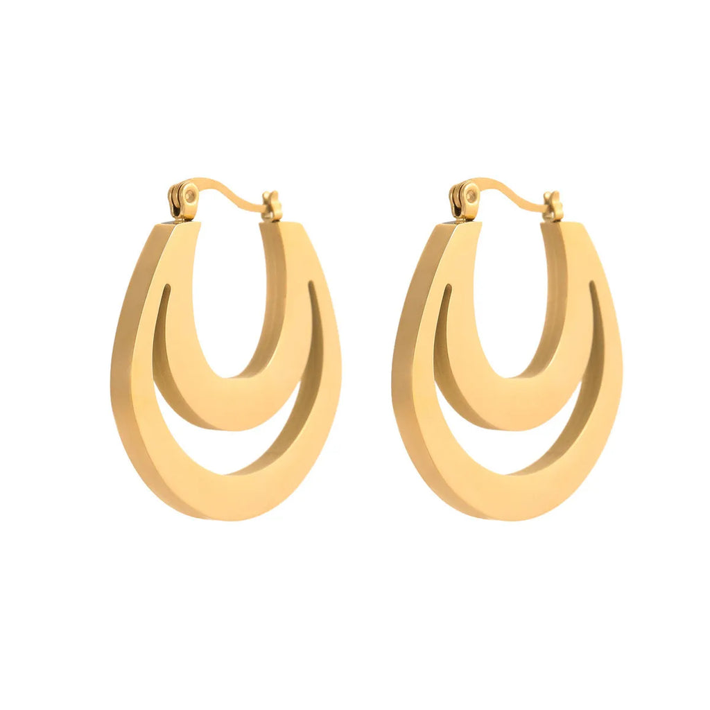 Geometric minimalist French earrings with stainless steel construction and 18K gold electroplating in gold and steel colour options