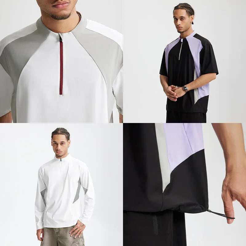 Men's lightweight polyester casual top in solid black and beige colours showing both long sleeve and short sleeve options