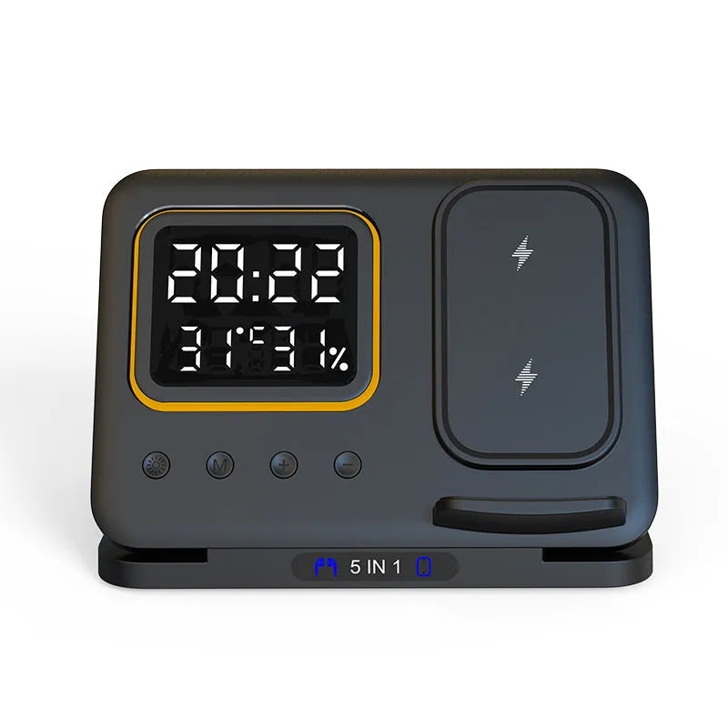 Black or white 5-in-1 wireless charging station with LED display showing time and temperature, charging phone and watch.