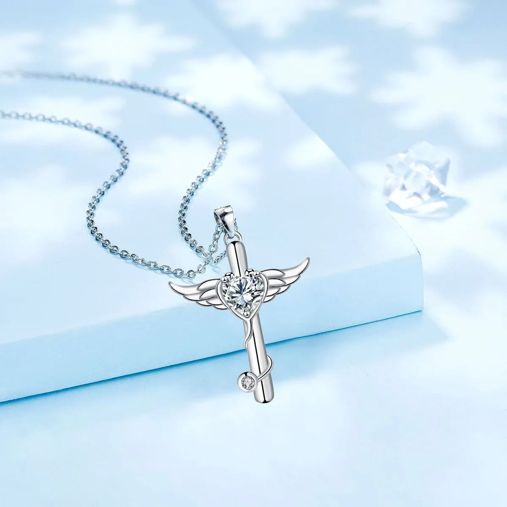 Women's casual wings cross stethoscope necklace in electroplated copper with red diamond or white diamond finish