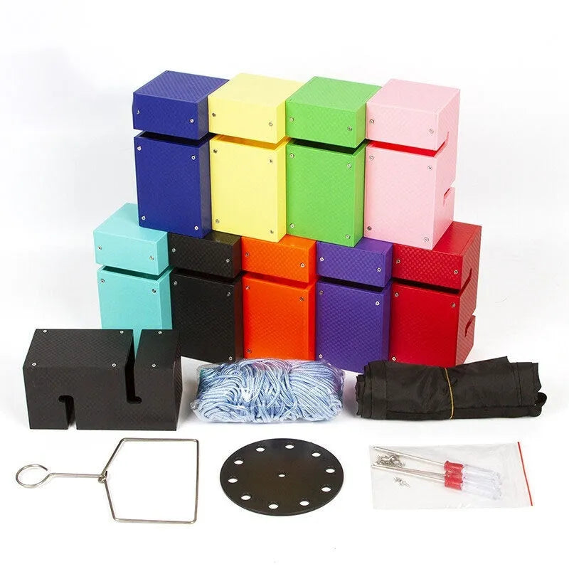 ABS team building game equipment with multiple coloured tower blocks, pull ropes, and assembly components