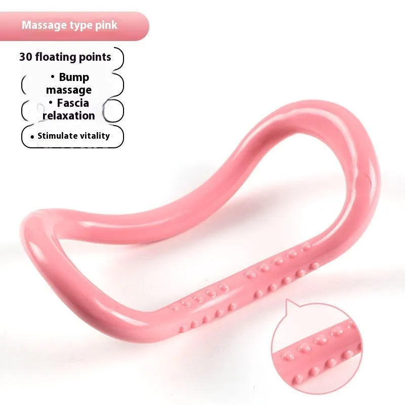 Yoga four piece fitness set showing leg beauty device, yoga ring, pedal tension device, and eight-figure tension rope.