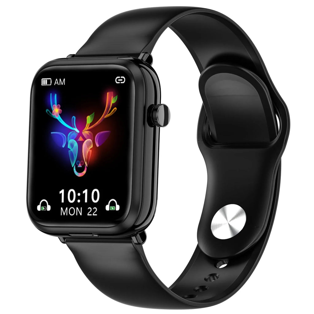Black zinc alloy Bluetooth smartwatch with a 1.69-inch touchscreen on a wrist, next to its magnetic charging case.