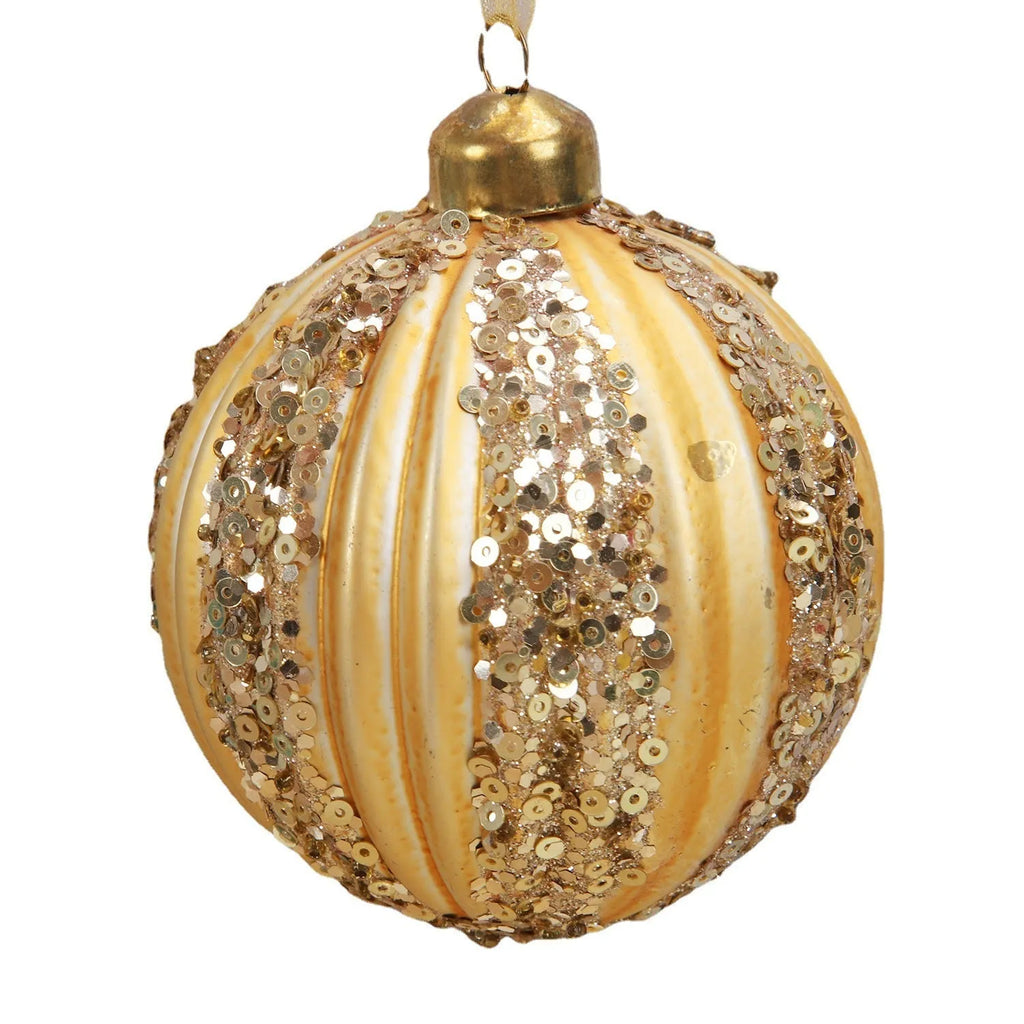 Green and yellow striped flocking Christmas glass ball decoration, 80mm mosaic geometric blown glass ornament