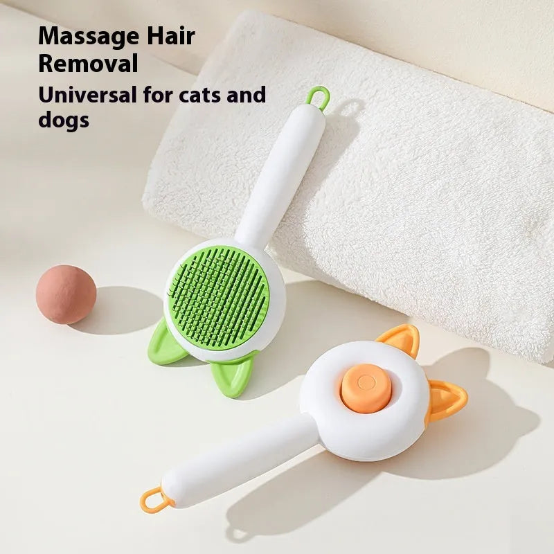 Self-cleaning pet grooming comb with stainless steel pins and massage tips in greenish white colour