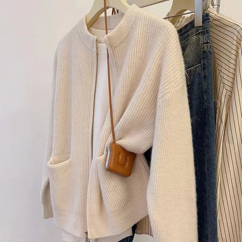 Women's beige viscose knit sweater coat with long sleeves and cardigan style