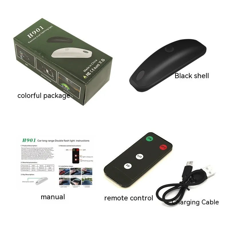 Black remote control vehicle strobe light with USB charging cable on a car bumper.