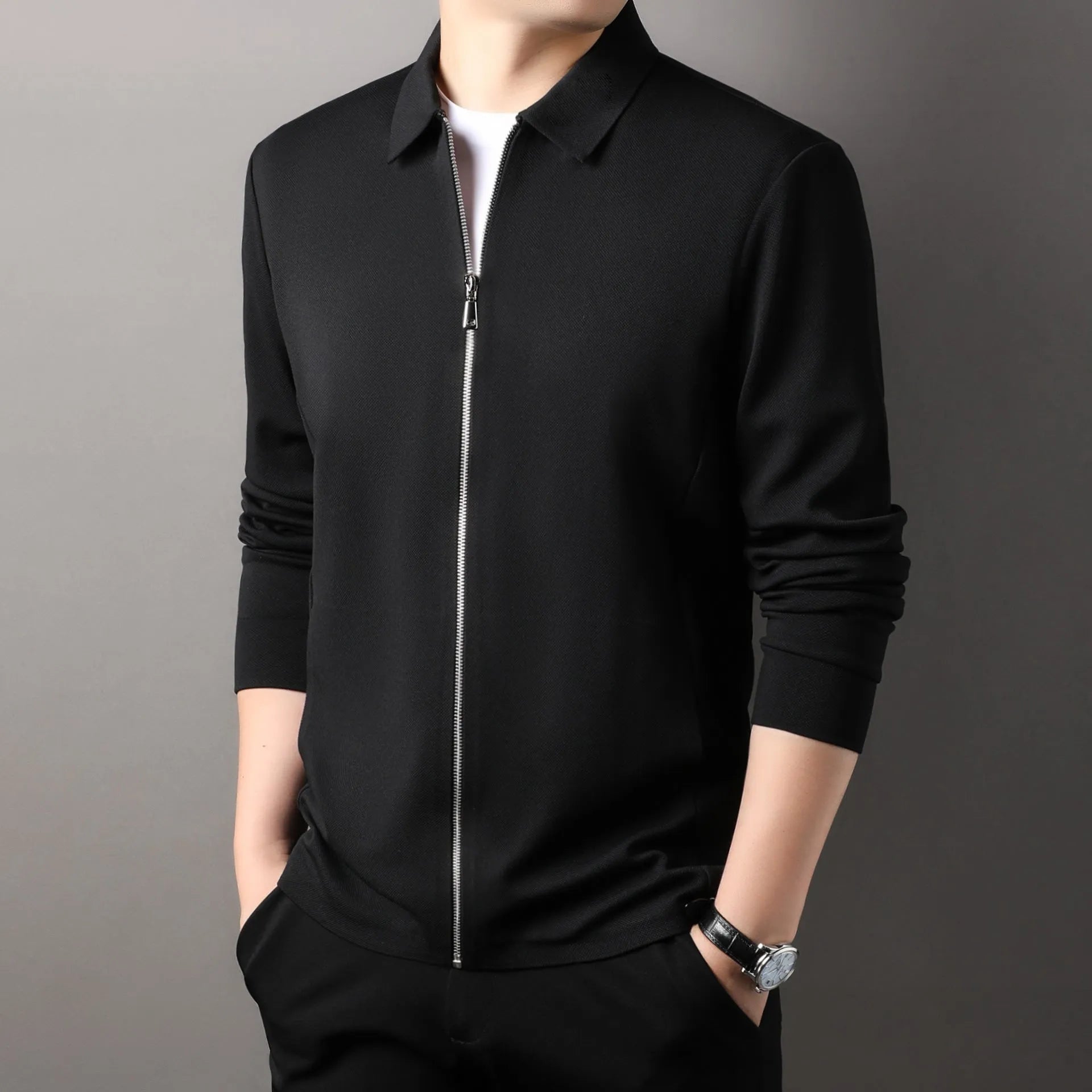 Men's polyester business casual jacket with straight hem in black, dark grey or apricot colours