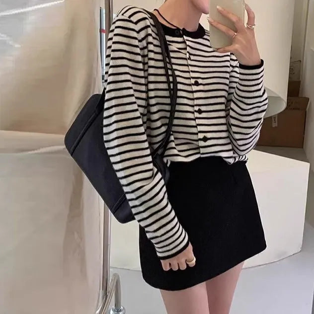 Women's dark grey and white striped viscose cardigan coat with 40cm short length and slim fit